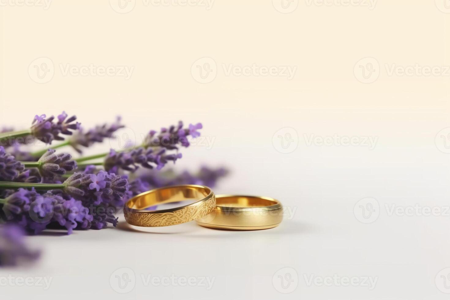 Small lavender flowers and two wedding rings. AI generative photo