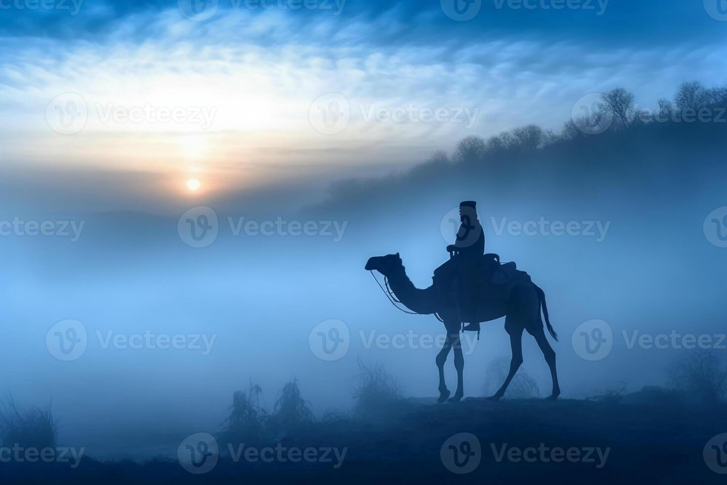 Soldier on a camel, foggy area, silhouette. photo