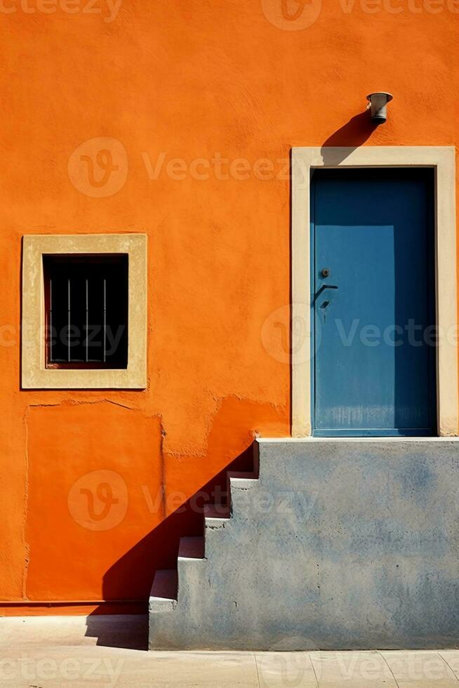 un naranja pared con un puerta y pasos, en el estilo de ligero Esmeralda y índigo. ai generativo foto