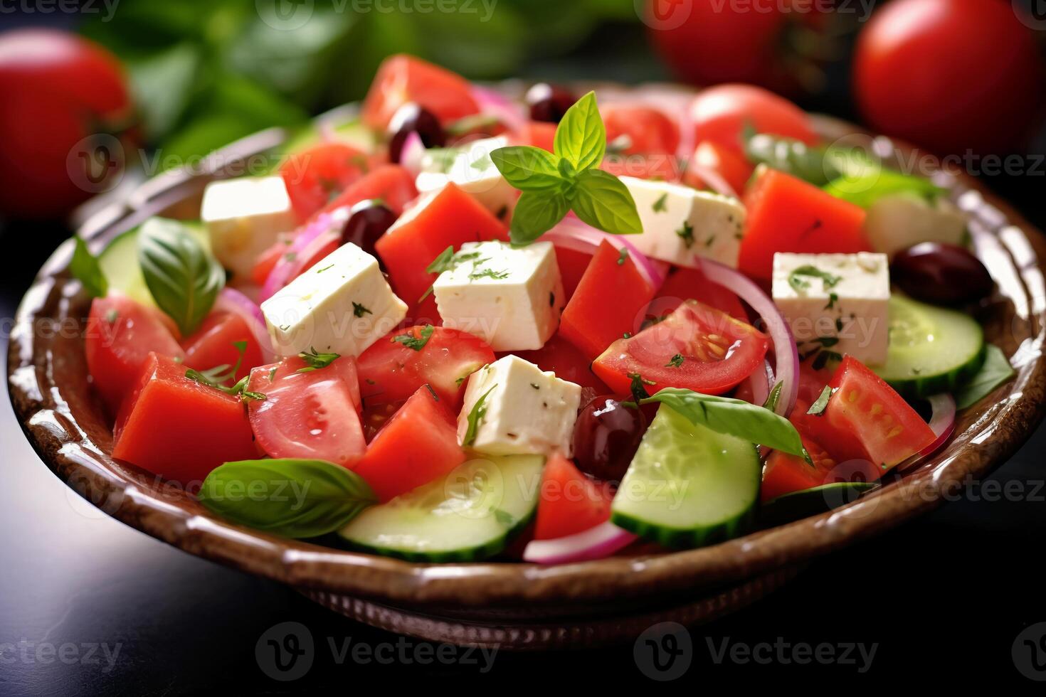 Greek salad vibrant colors bright summer photo hyper realistic high definition sharp.