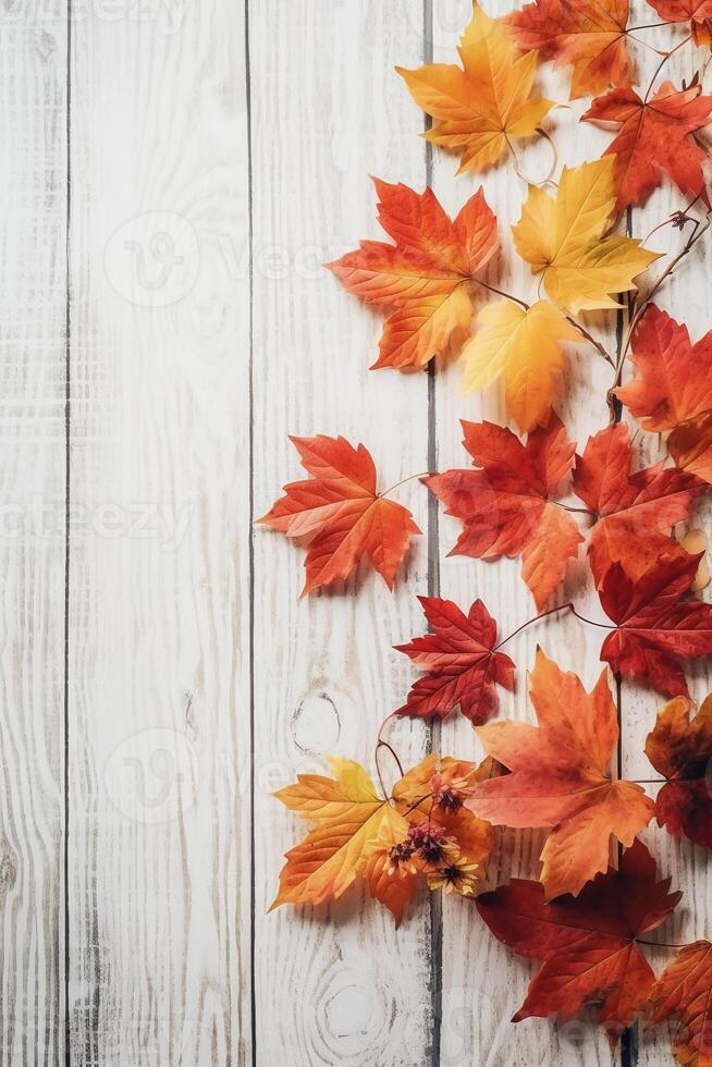 Beautiful foliage, autumn mood, the foliage lies on a white wooden table. photo