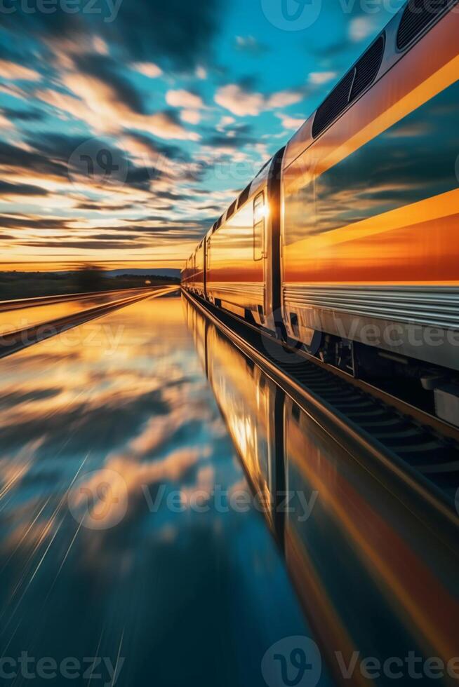 Mesmerizing Train Photography, Motion blur, reflection, speed, cinematic. AI generative photo