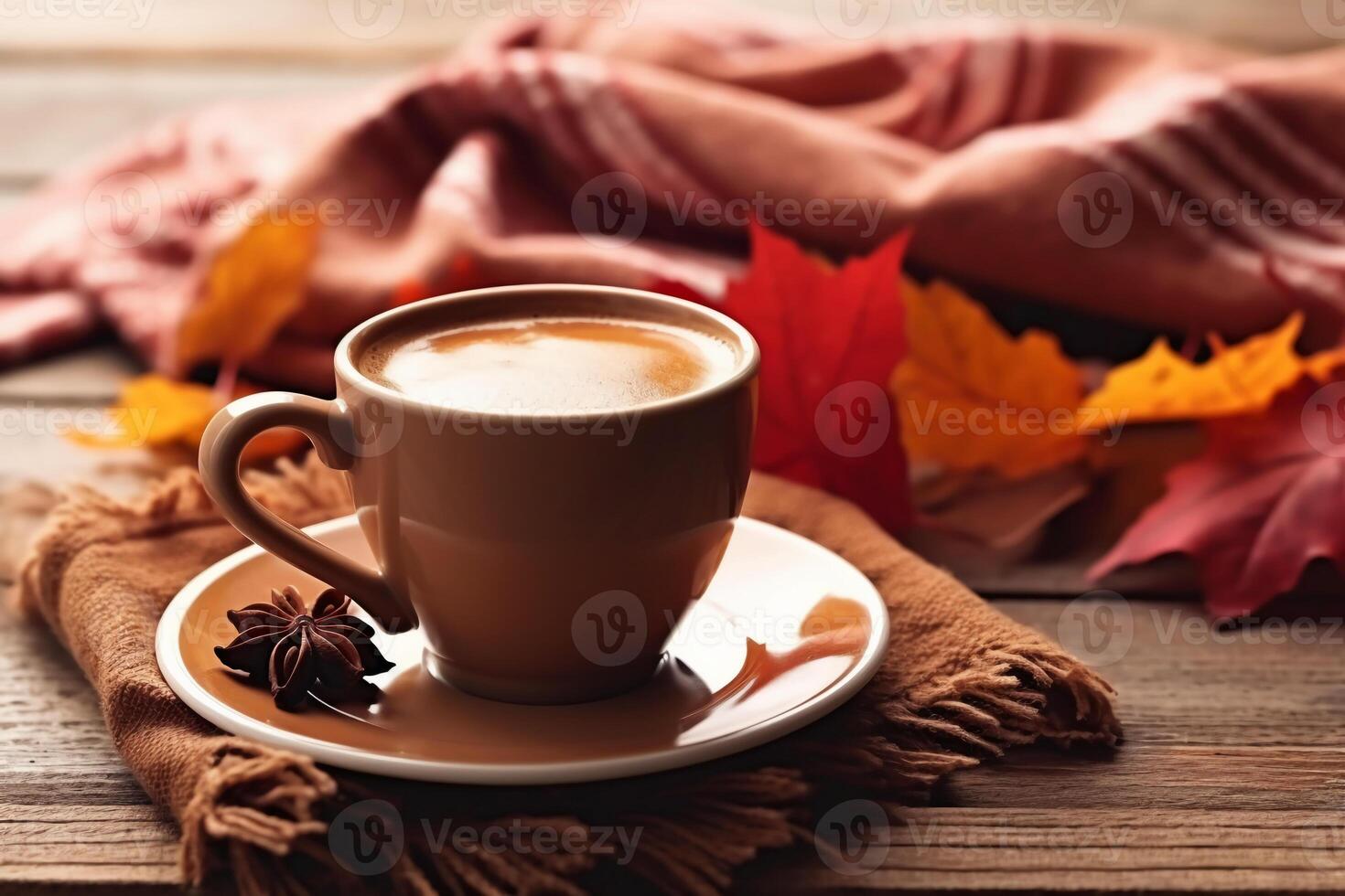 Autumn, fall leaves, hot cup of coffee and warm scarf on wooden table background. photo