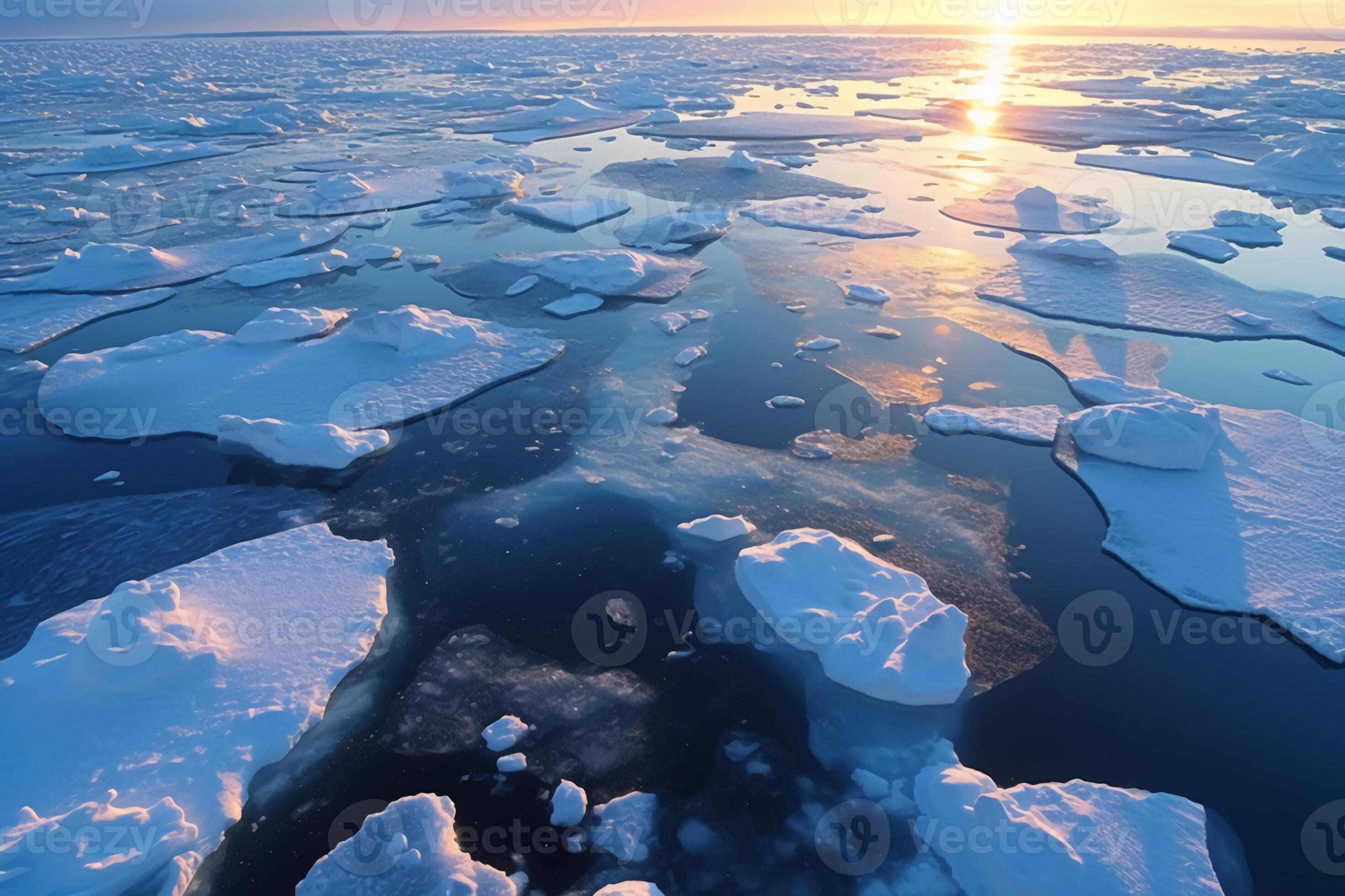 Ice sheets melting in the arctic ocean or waters. AI generative