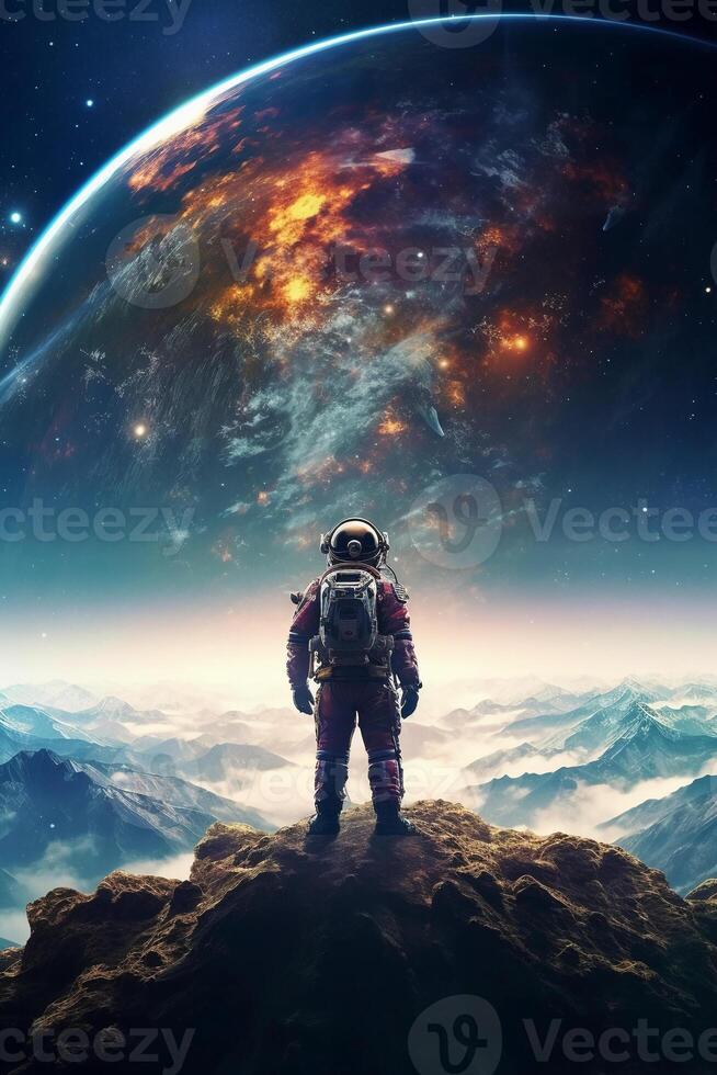 an astronaut standing on a mountain top of vibrant planet. photo