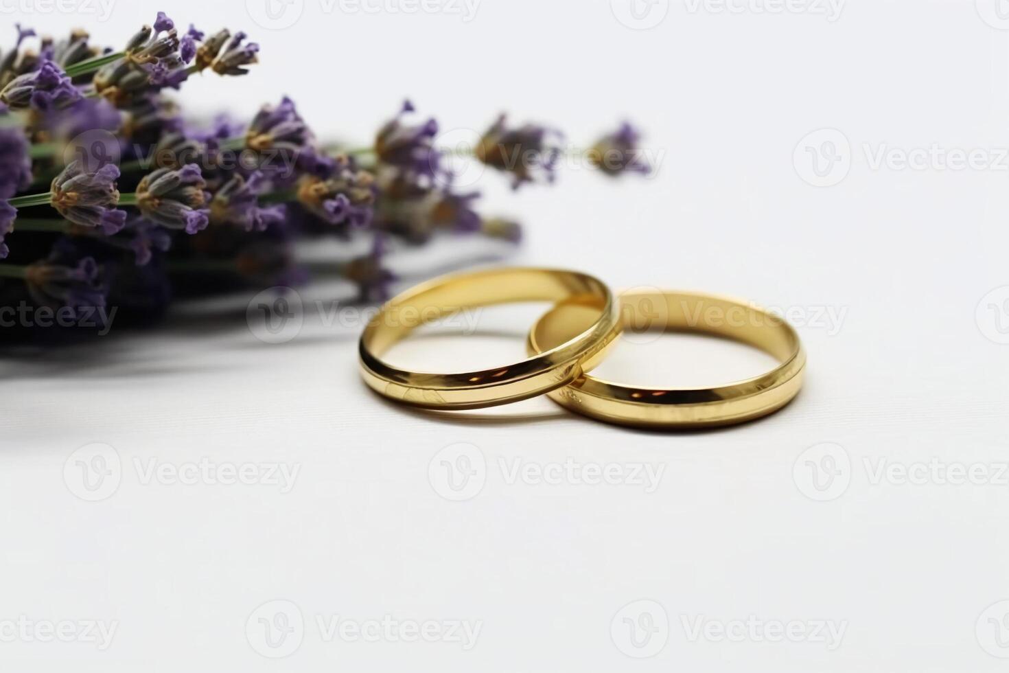 Small lavender flowers and two wedding rings. AI generative photo