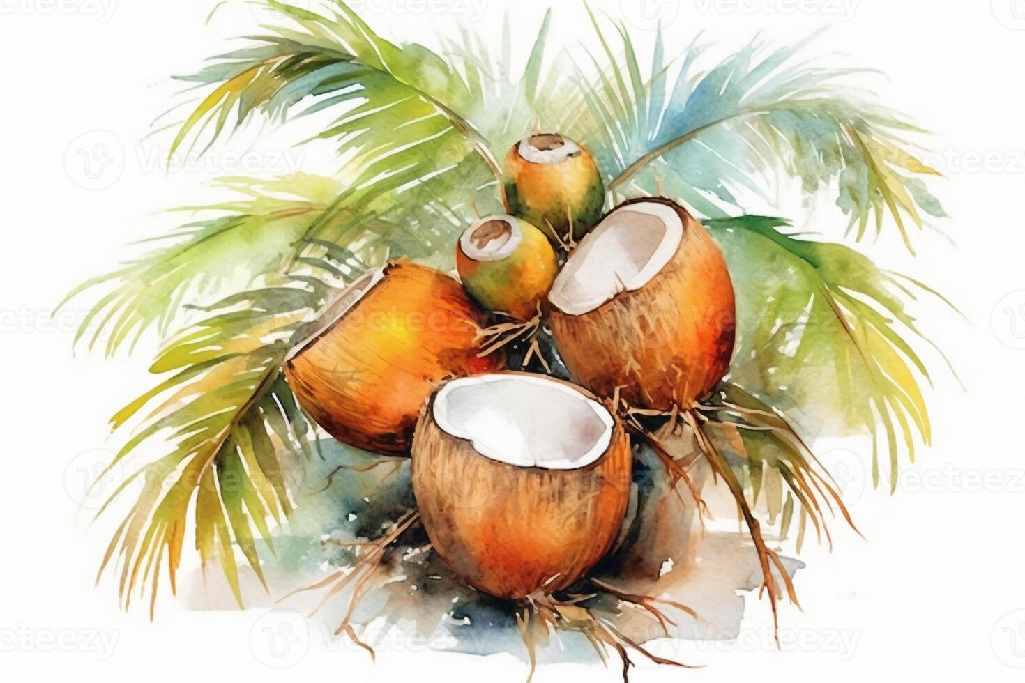 Quirky coconuts in palm trees in the style of watercolor painting, on a white background. photo