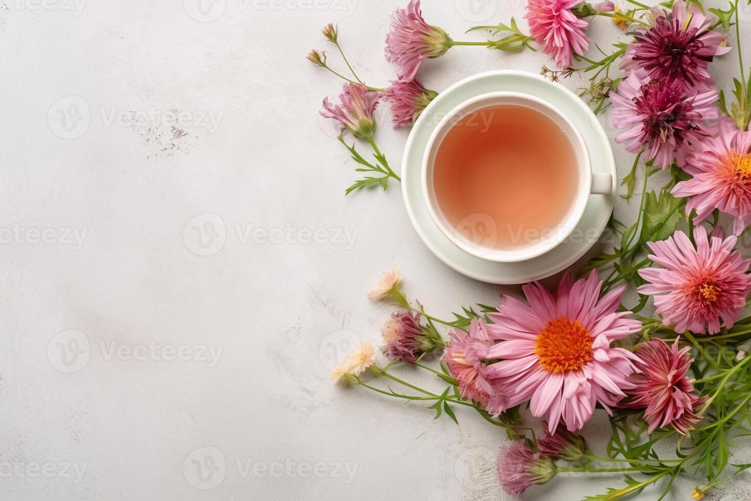 Floral banner and cup of tasty tea. AI generative photo