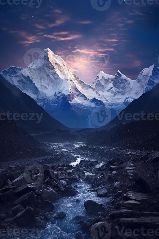 The base of mount everest from a rocky ground, in the style of light sky. photo