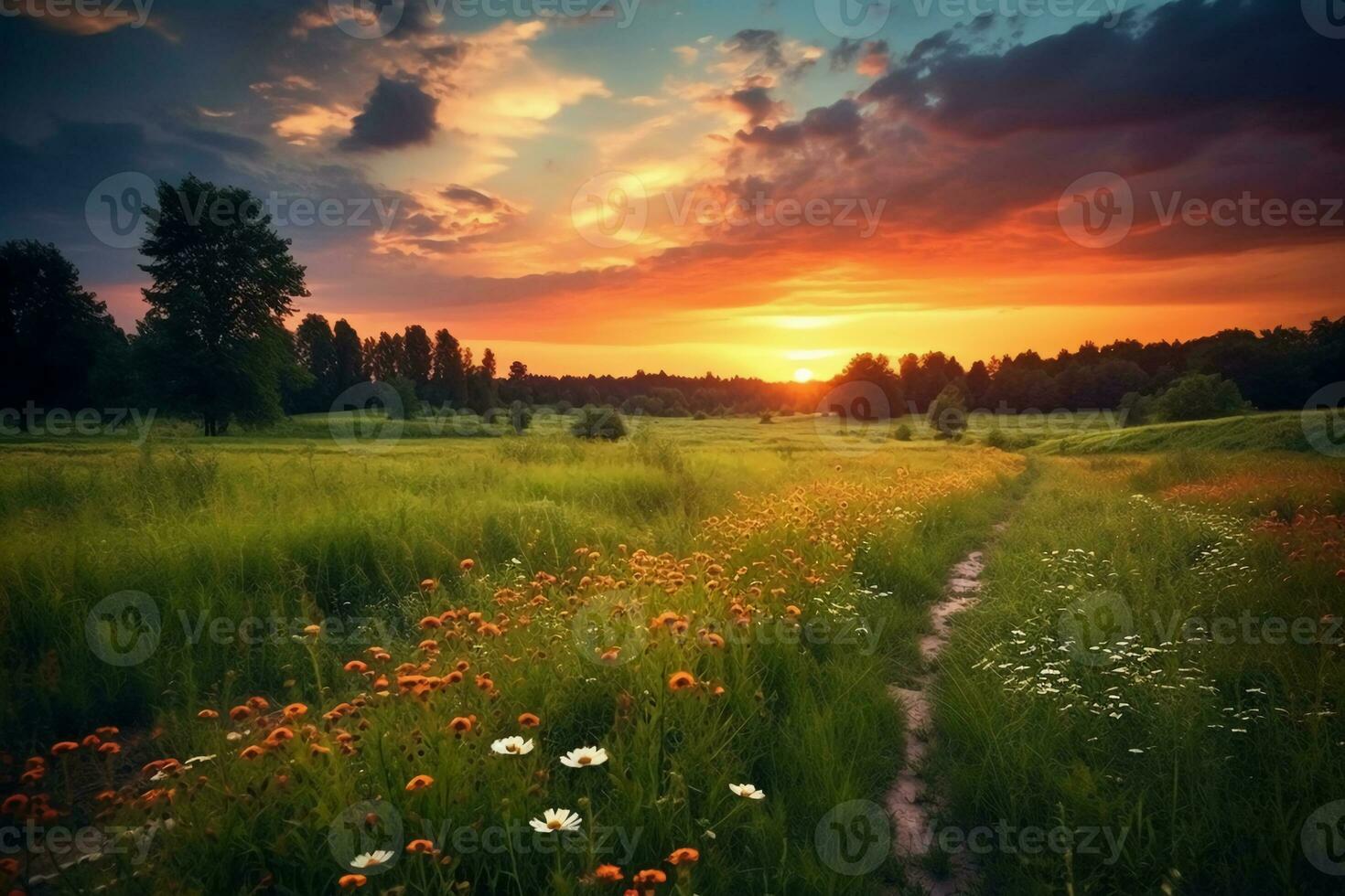 puesta de sol terminado un campo con naturaleza. ai generativo foto