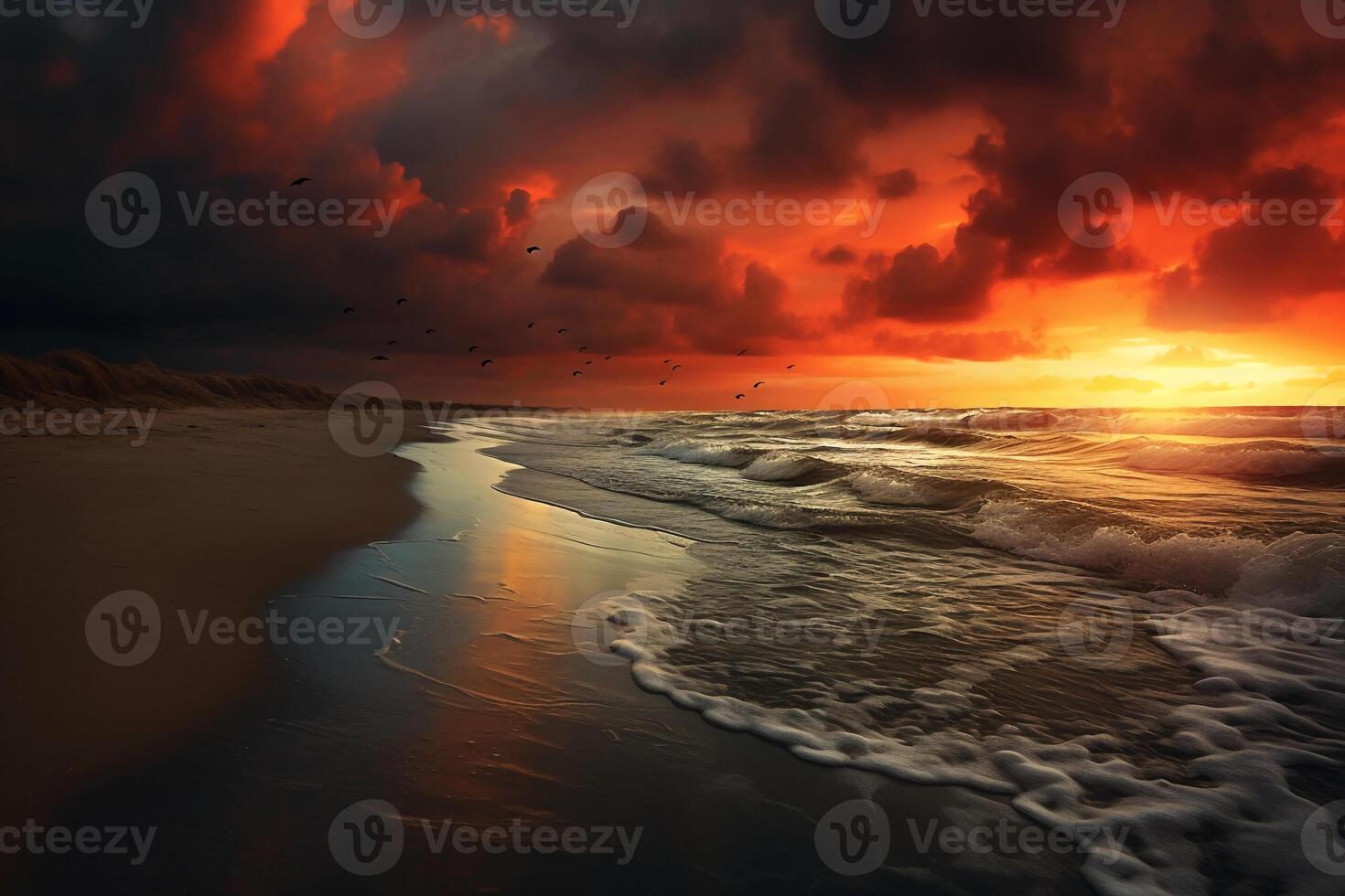 Sandy beach along an ocean at sunrise with dark clouds of red and orange. photo