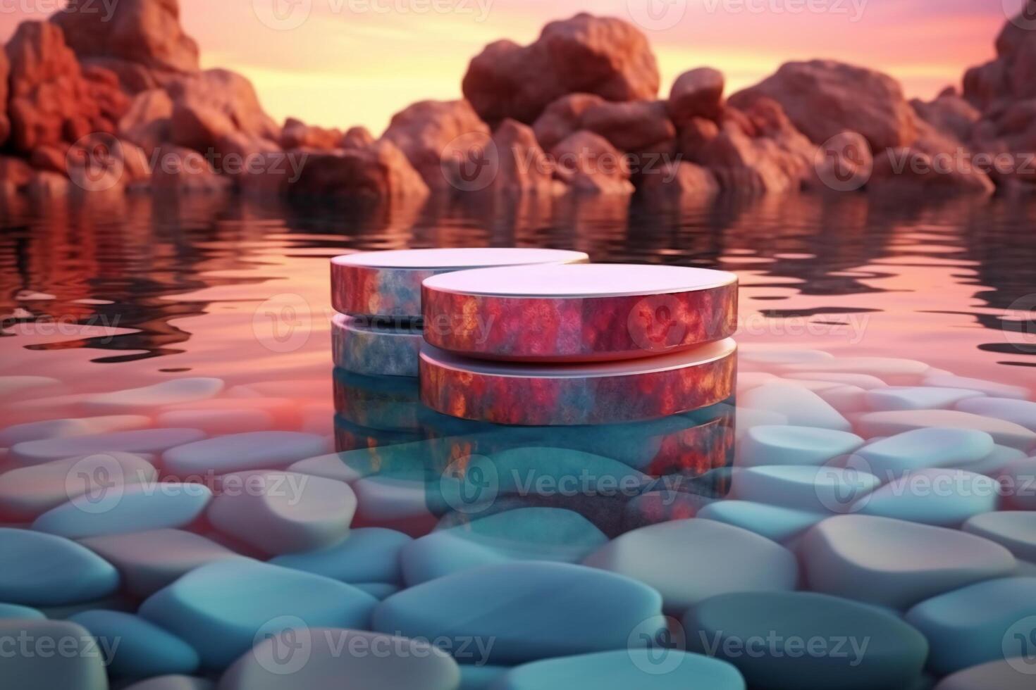 3d render, abstract geometric background. Colorful iridescent panels joined to white rocks levitate above the water. photo