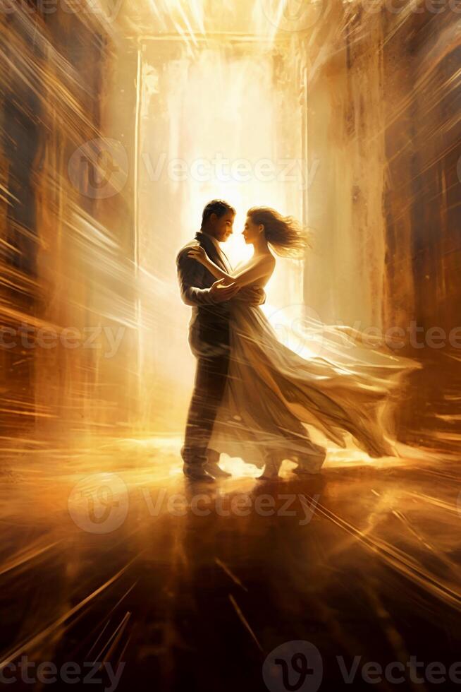 Man and woman dance in a room with beams of light behind them. AI generative photo