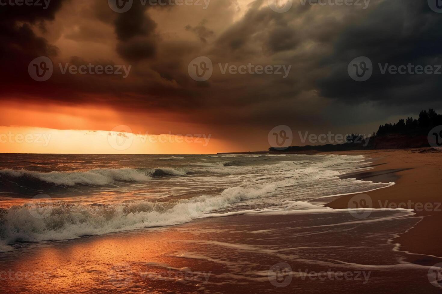 Sandy beach along an ocean at sunrise with dark clouds of red and orange. photo