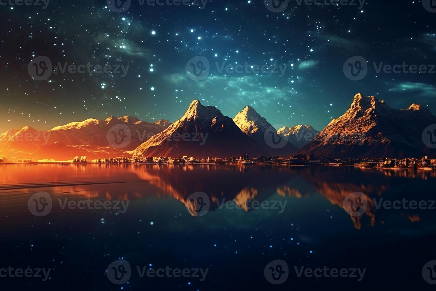 Golden fantasy starry sky at night, towering mountains, clear sparkling lake surface. photo