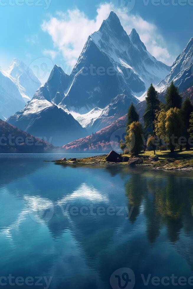 A calm lake surrounded by towering mountains. photo