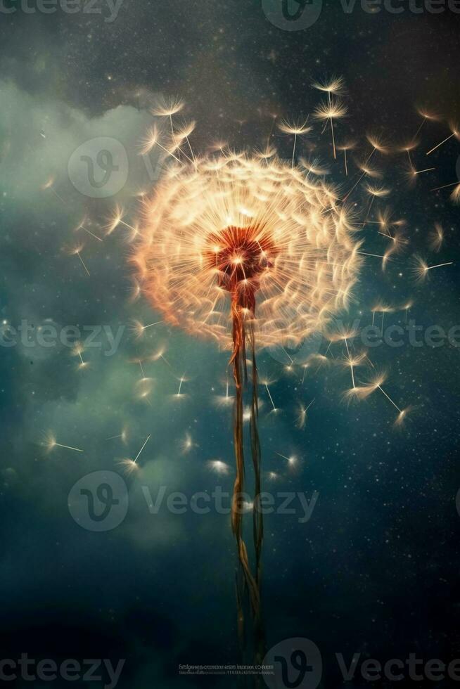 Dandelion seeds, tumbling through the air. AI generative photo