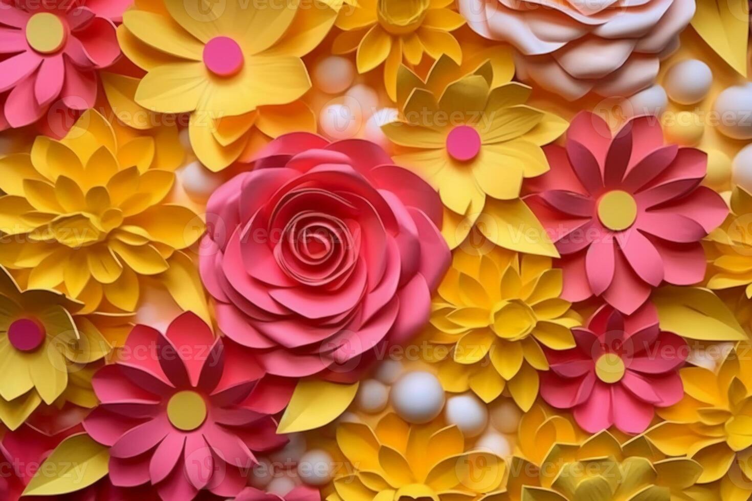 3D yellow and pink flowers layered forms, paper quilting pattern, vibrant colors. photo