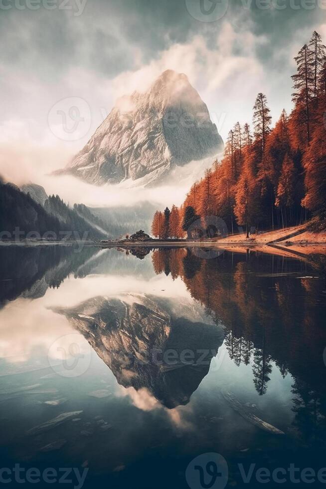 A calm lake surrounded by towering mountains. photo