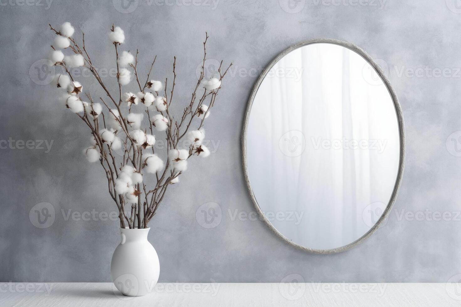 Front view product photo of white oval frame with wild Cotton branches in glass vase behind the frame.