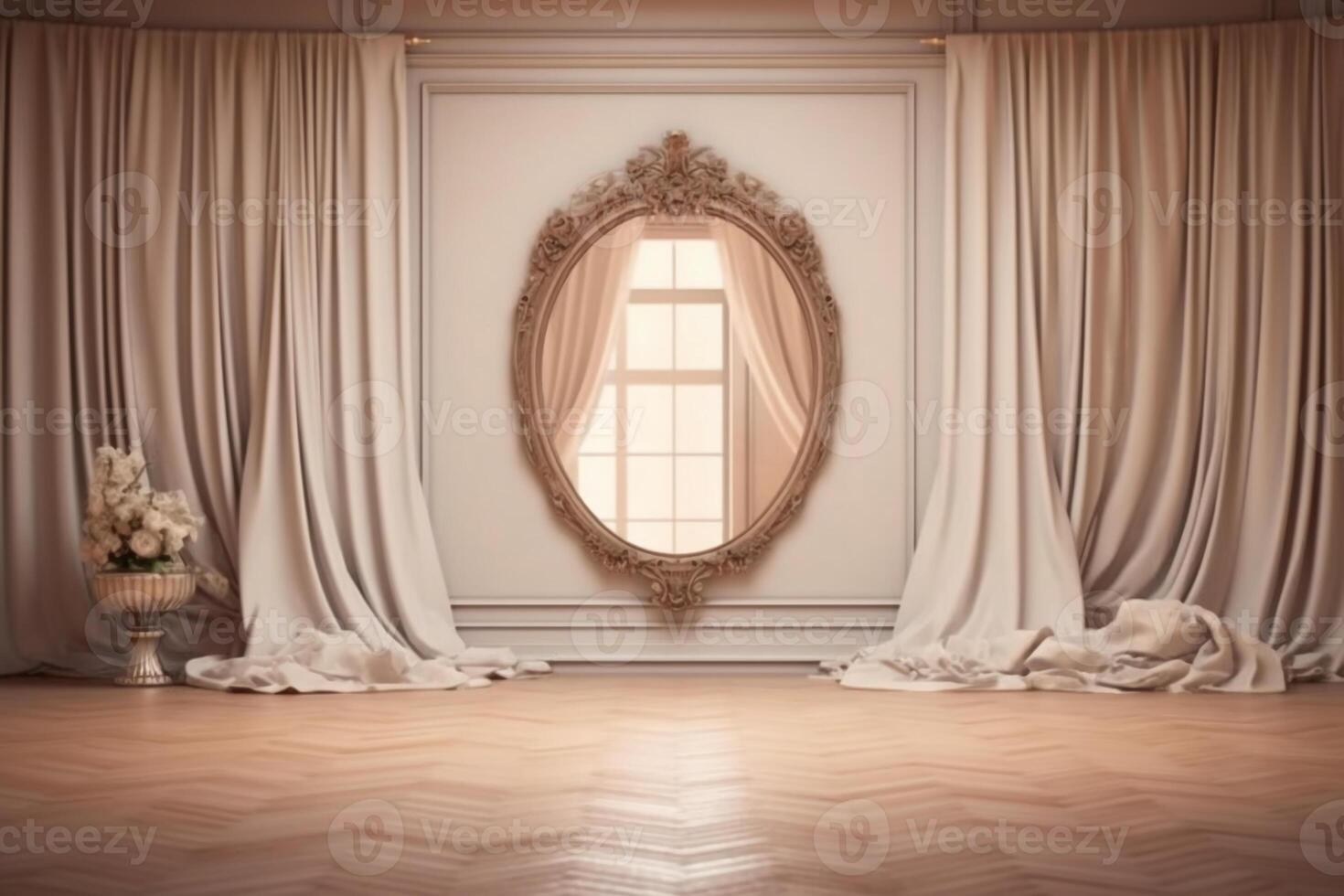 luxurious drapery with floral wall hangings and a curved mirror. photo