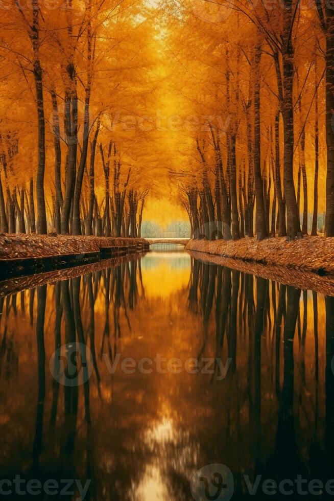 maravilloso detalle reflexión de el dorado y naranja katsura arboles alrededor el natural redondo lago. ai generativo foto