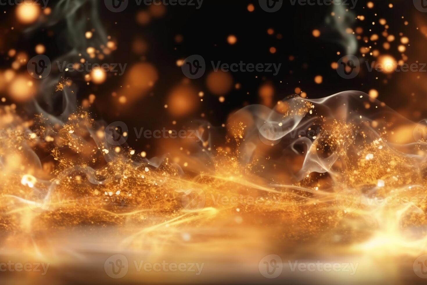 Golden bokeh particle lights and golden smoke effects. AI generative photo