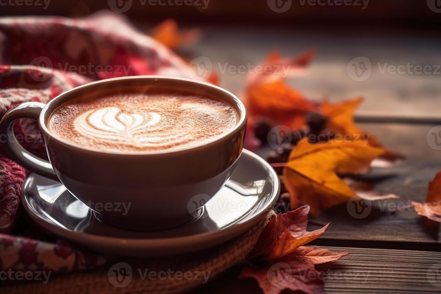 otoño, otoño hojas, caliente taza de café y calentar bufanda en de madera mesa antecedentes. ai generativo foto