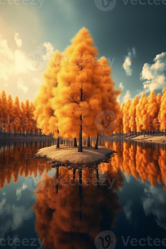 Stunning detail reflection of the golden and orange katsura trees around the natural round lake. photo