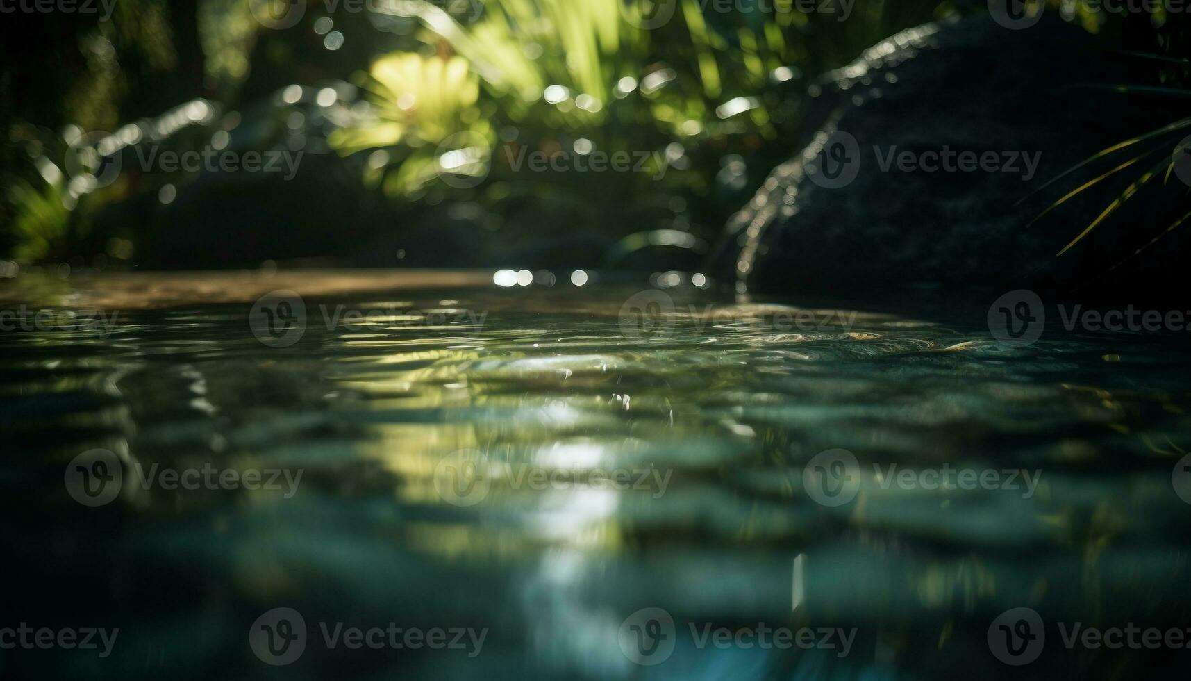 Tranquil scene of green forest, wet reflection generated by AI photo