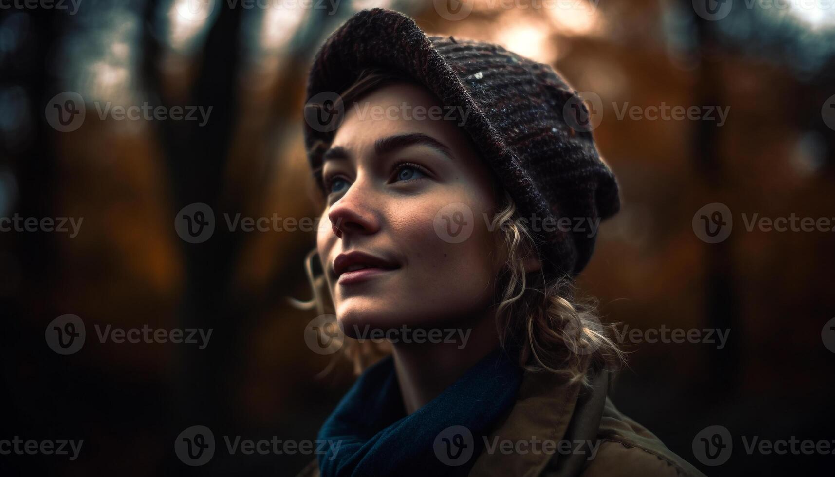 One young woman, smiling in warm clothing generated by AI photo