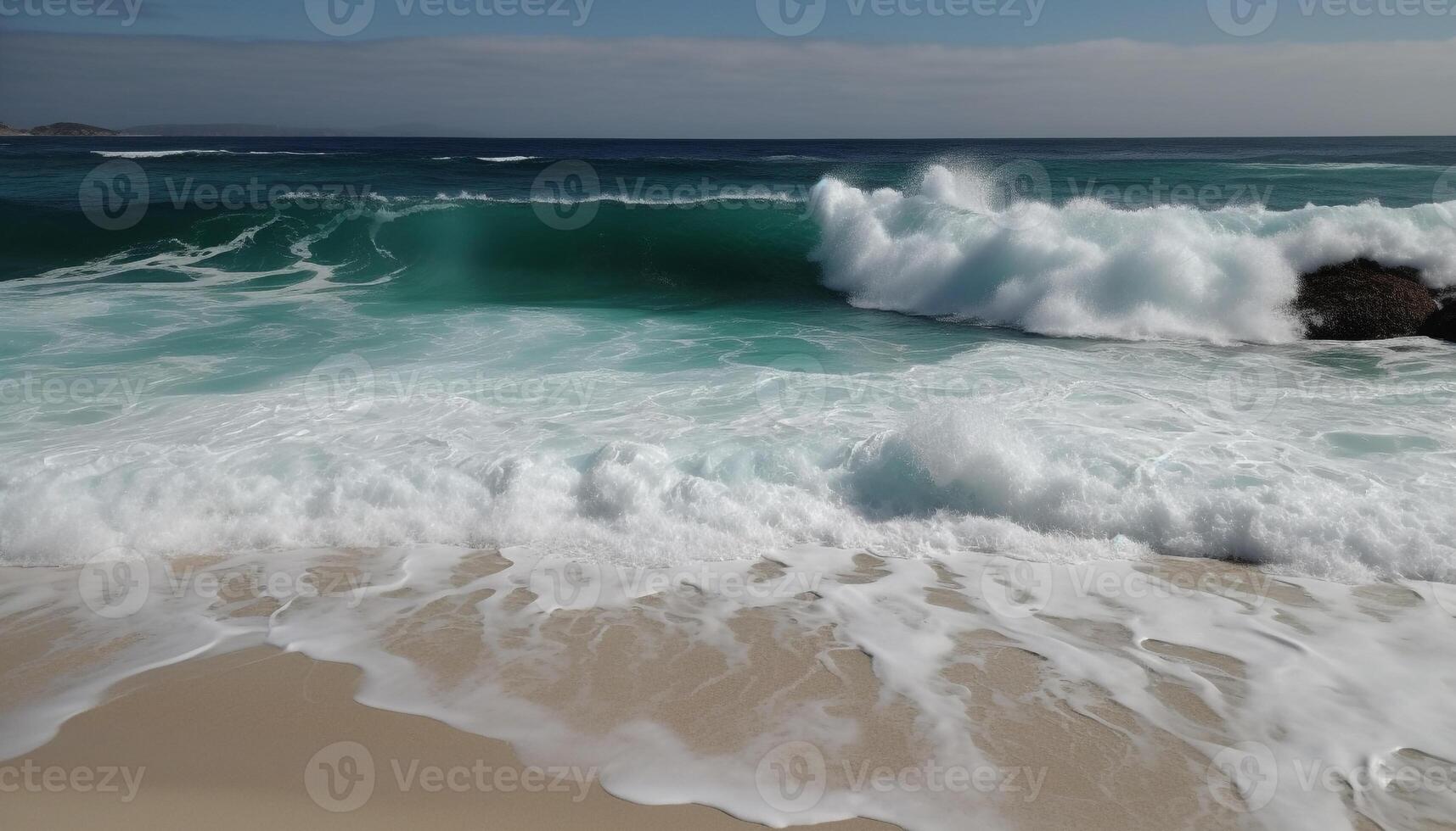 Breaking waves crash on tranquil sand shore generated by AI photo