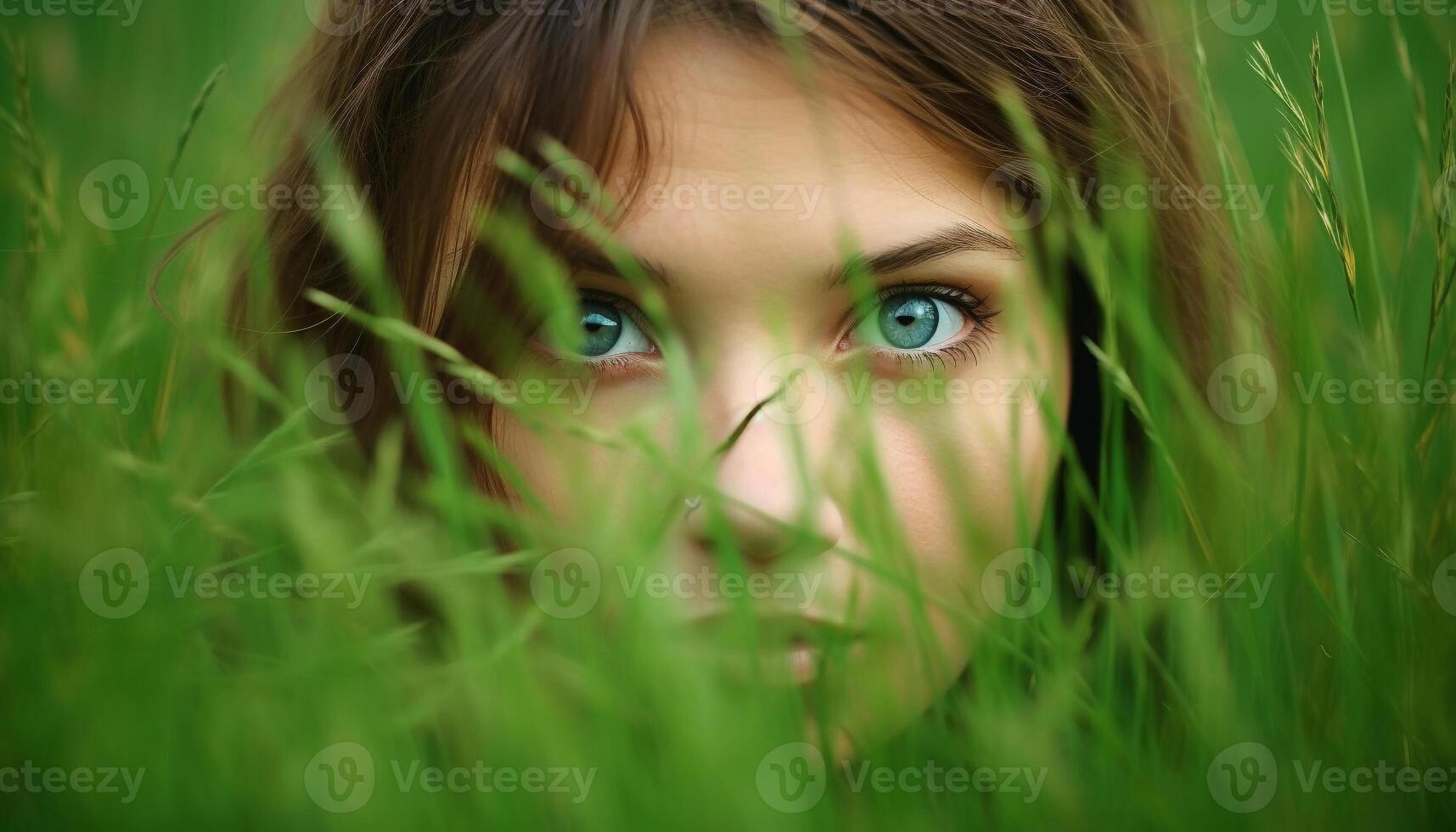 linda niña sonriente, mirando a cámara en prado generado por ai foto