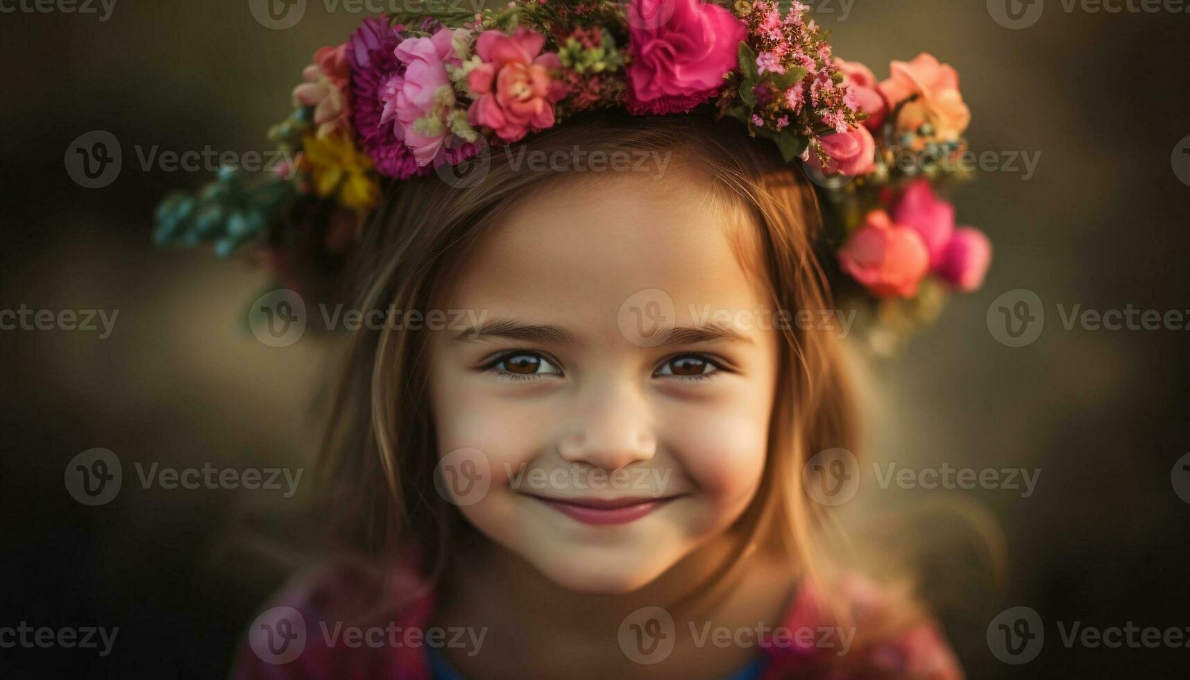 Cute girl with flower wreath enjoys nature generated by AI photo