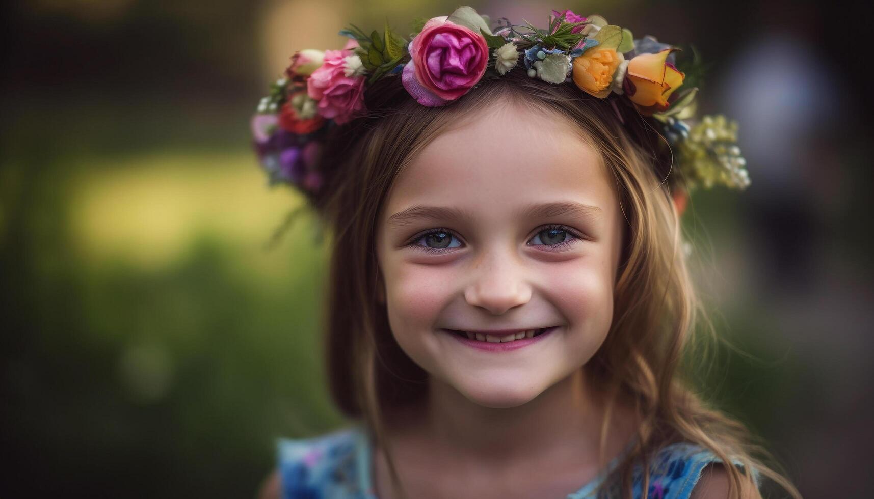 linda niña sonriente, disfrutando naturaleza juguetón belleza generado por ai foto