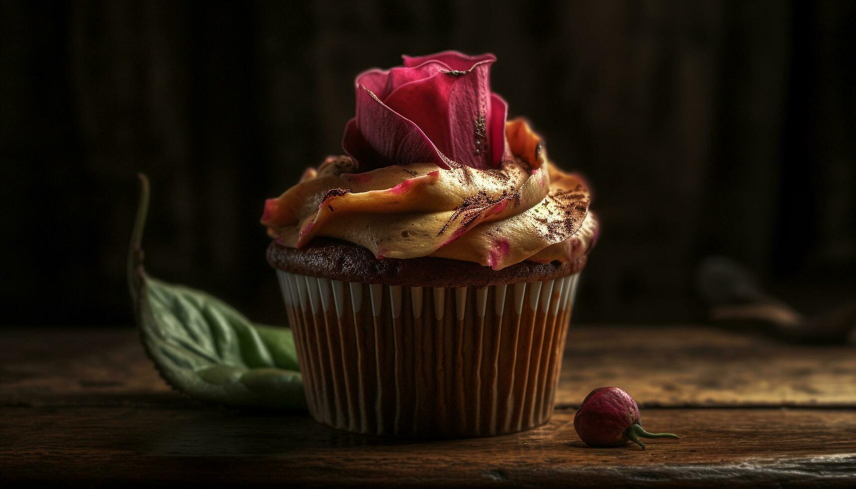 Homemade gourmet cupcakes with chocolate icing decoration generated by AI photo