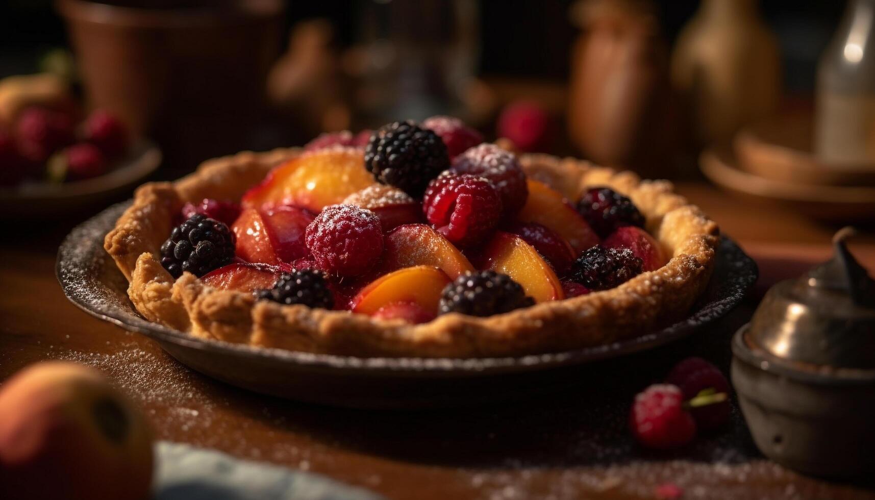 Sweet berry tart on rustic wooden table generated by AI photo