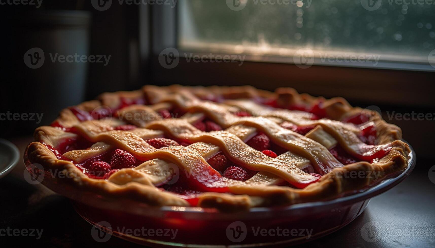 Freshly baked berry tart on rustic wooden table generated by AI photo