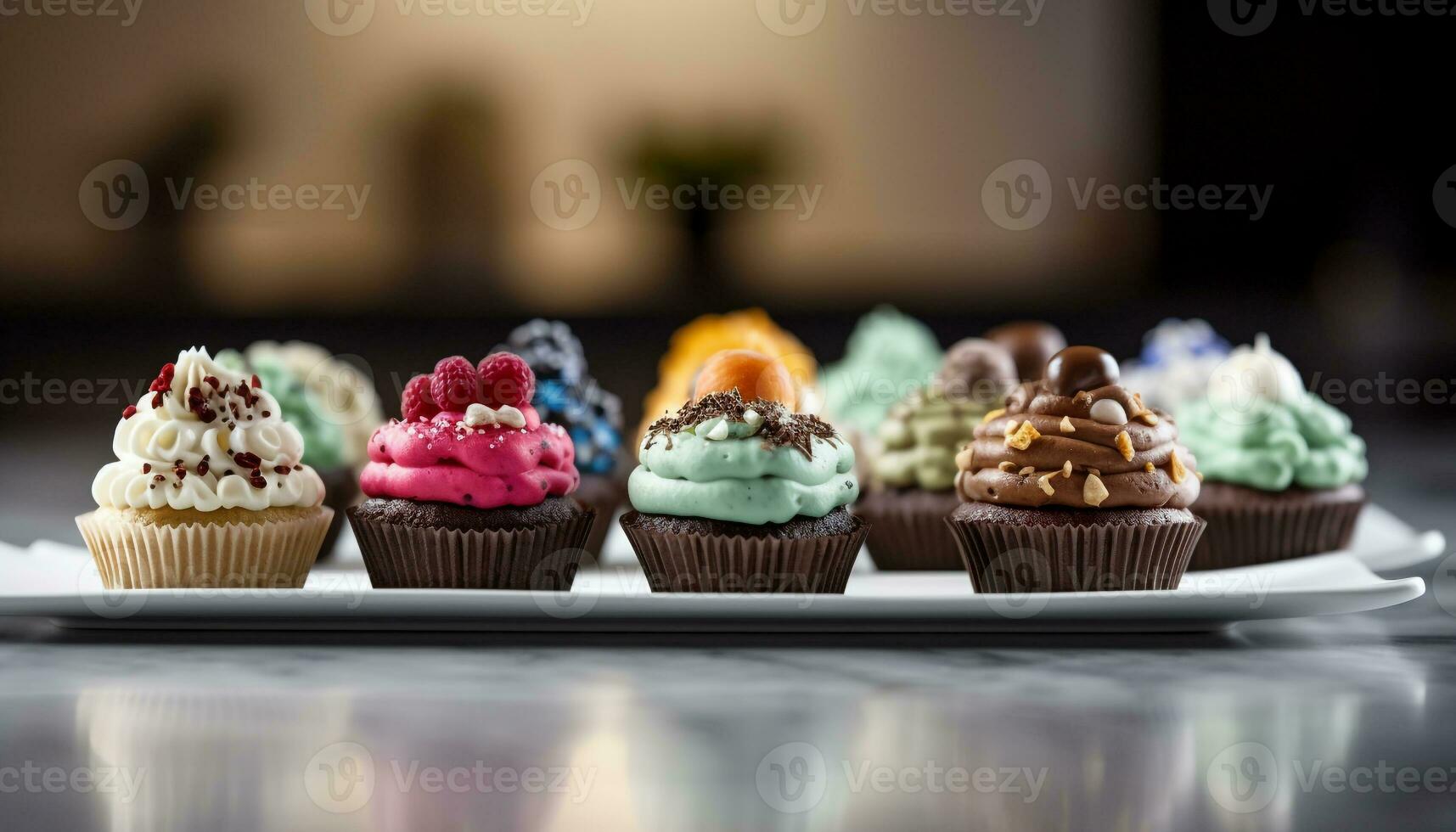 Gourmet cupcakes with chocolate icing and decoration generated by AI photo