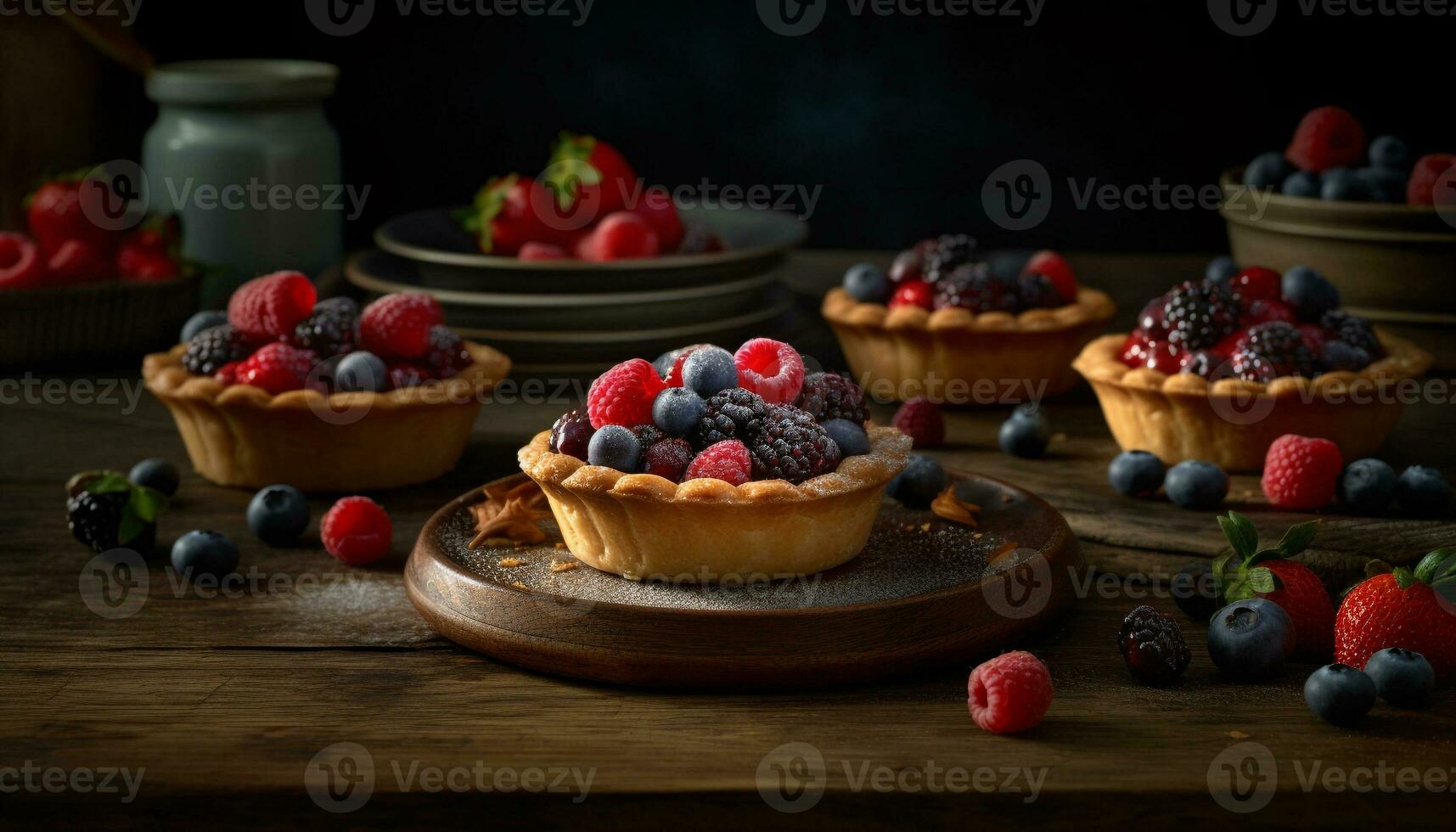 Fresh berry tart on rustic wooden table generated by AI photo