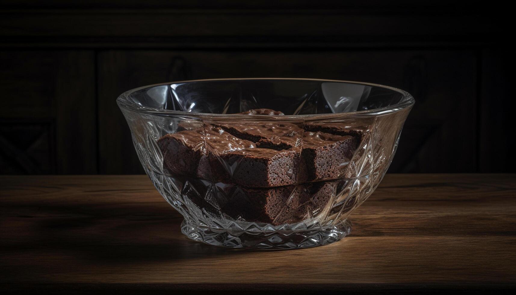 rústico chocolate postre en de madera mesa plato generado por ai foto