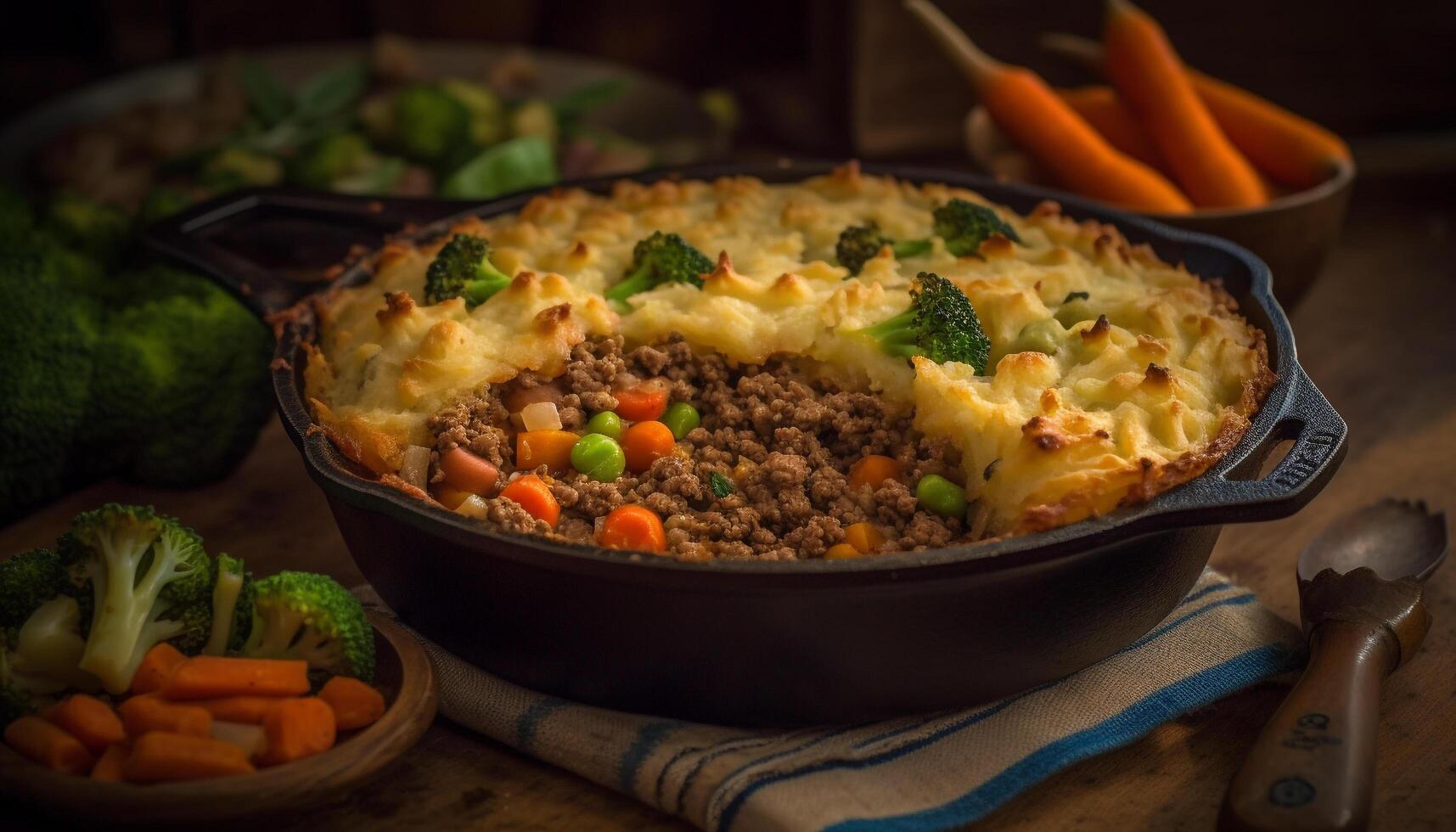 Freshly cooked vegetarian casserole on rustic table generated by AI photo