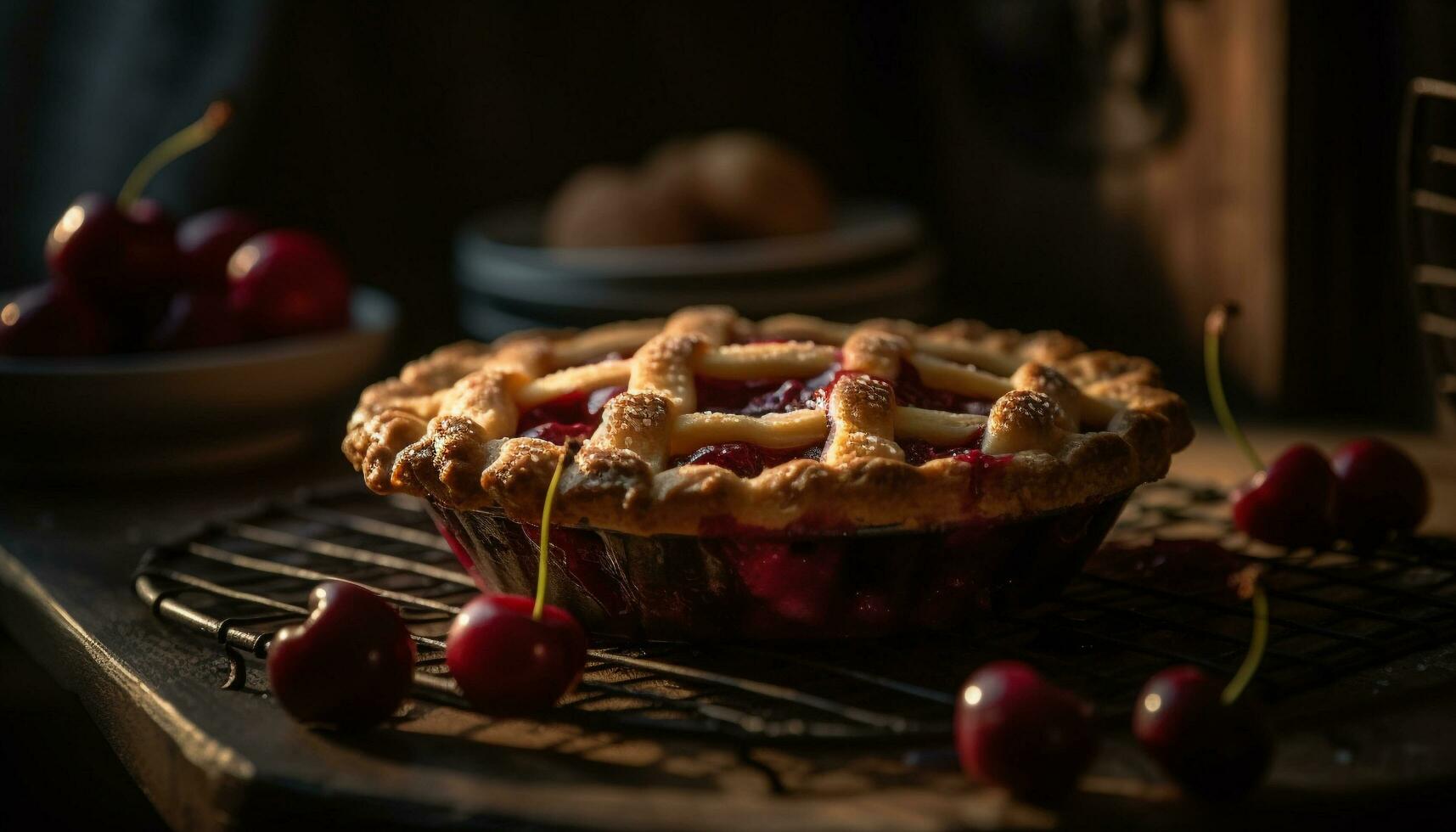 Sweet berry pie baked on rustic wood table generated by AI photo