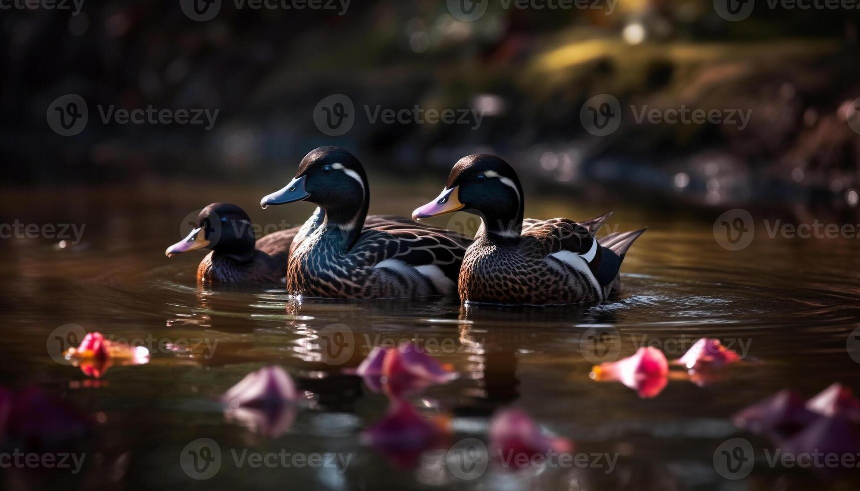 masculino pato nada en tranquilo estanque belleza generado por ai foto