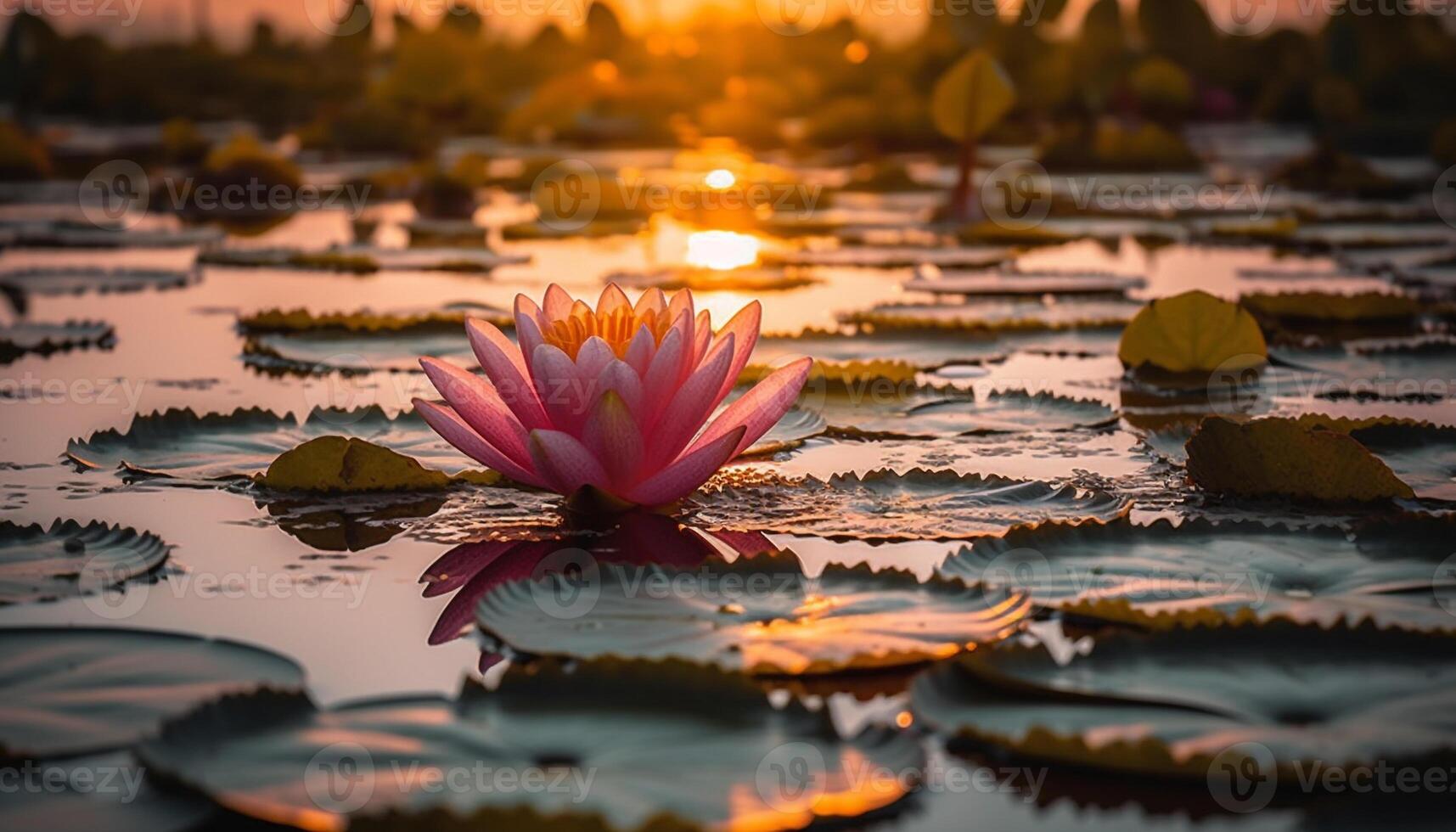 Lotus blossom floats on tranquil pond surface generated by AI photo