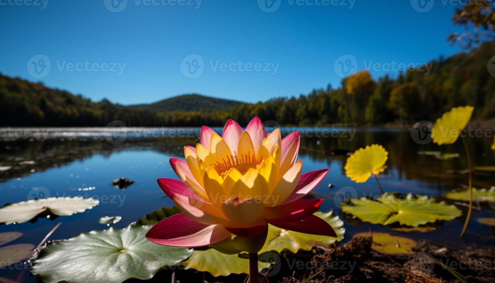 Tranquil scene of lotus blossom on pond generated by AI photo