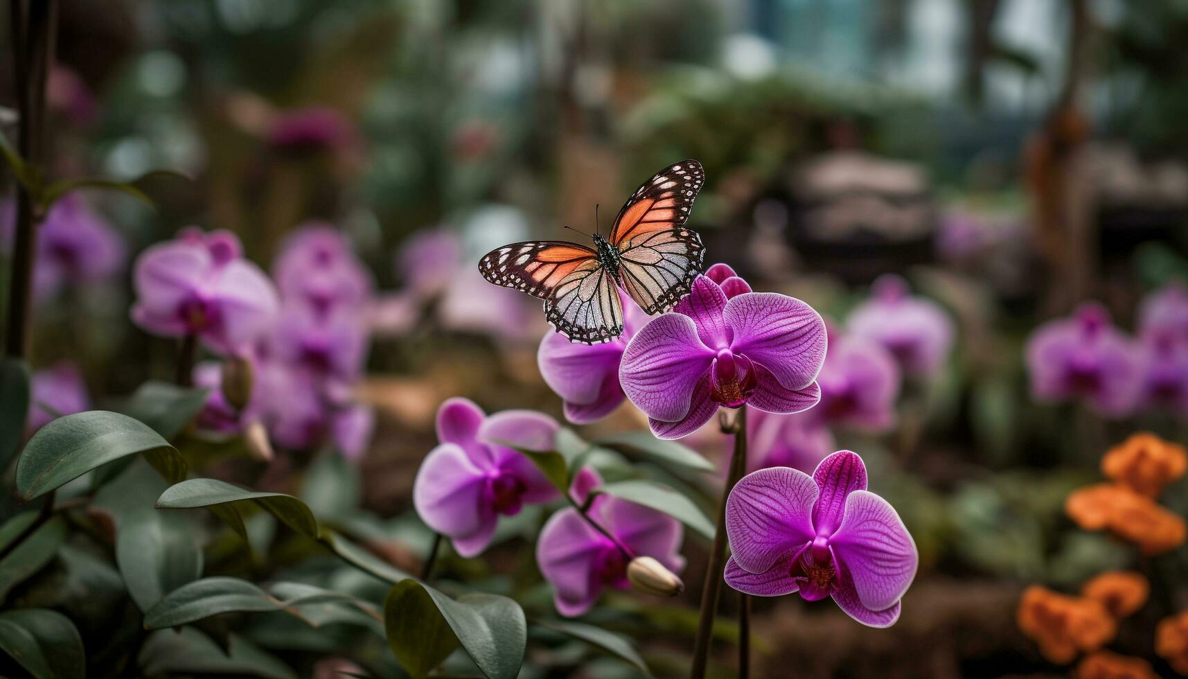 Vibrant butterfly pollinates delicate pink orchid blossom generated by AI photo