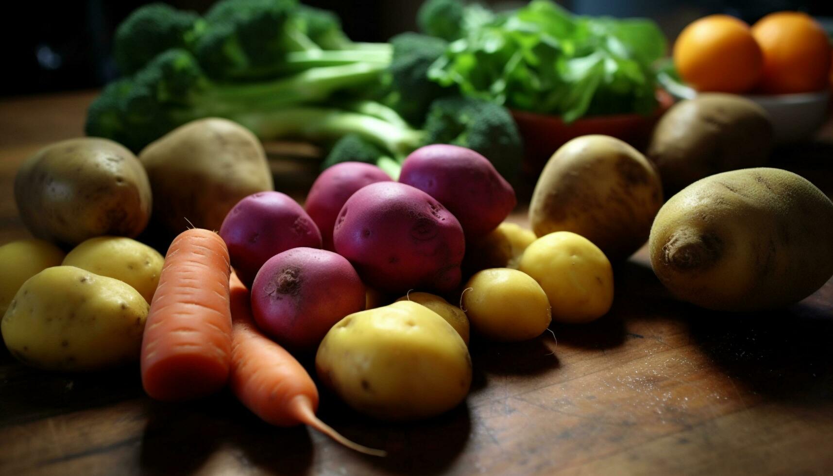 Fresh organic vegetables on rustic kitchen table   generated by AI photo