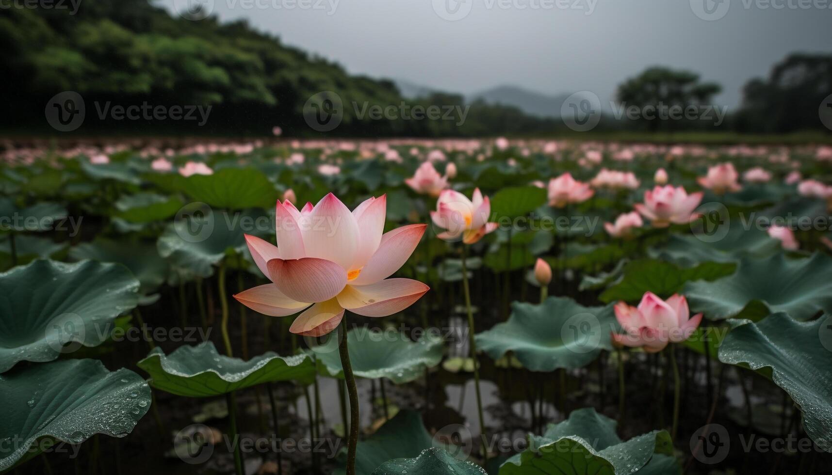 Pink lotus blossom floats on tranquil pond generated by AI photo