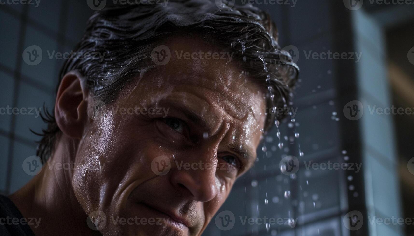 Fresh faced man smiles in shower refreshing rain generated by AI photo